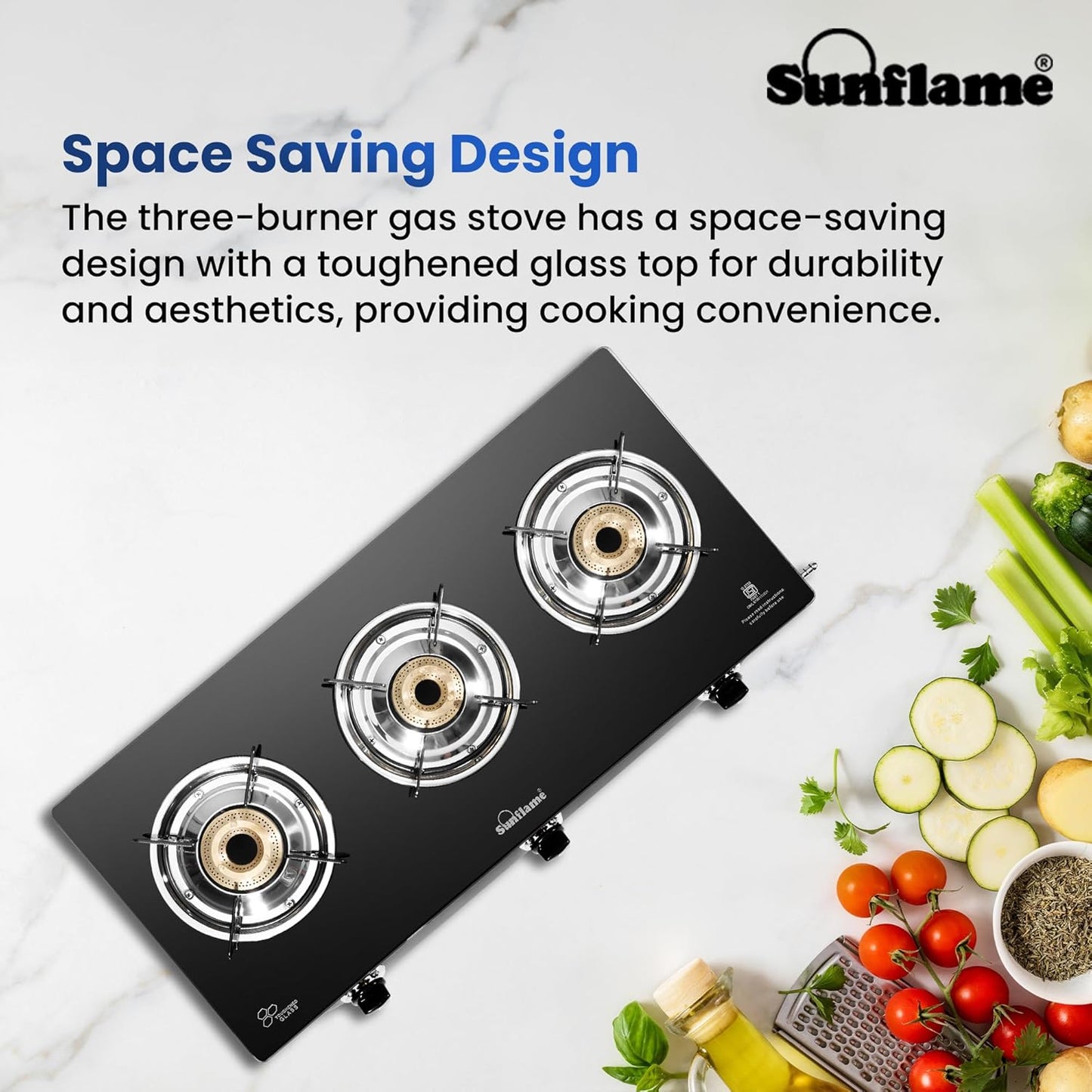 Sunflame Maleo 3 Burner Gas Stove | 1 Medium & 2 Small Brass Burners | 2 Year Product Coverage