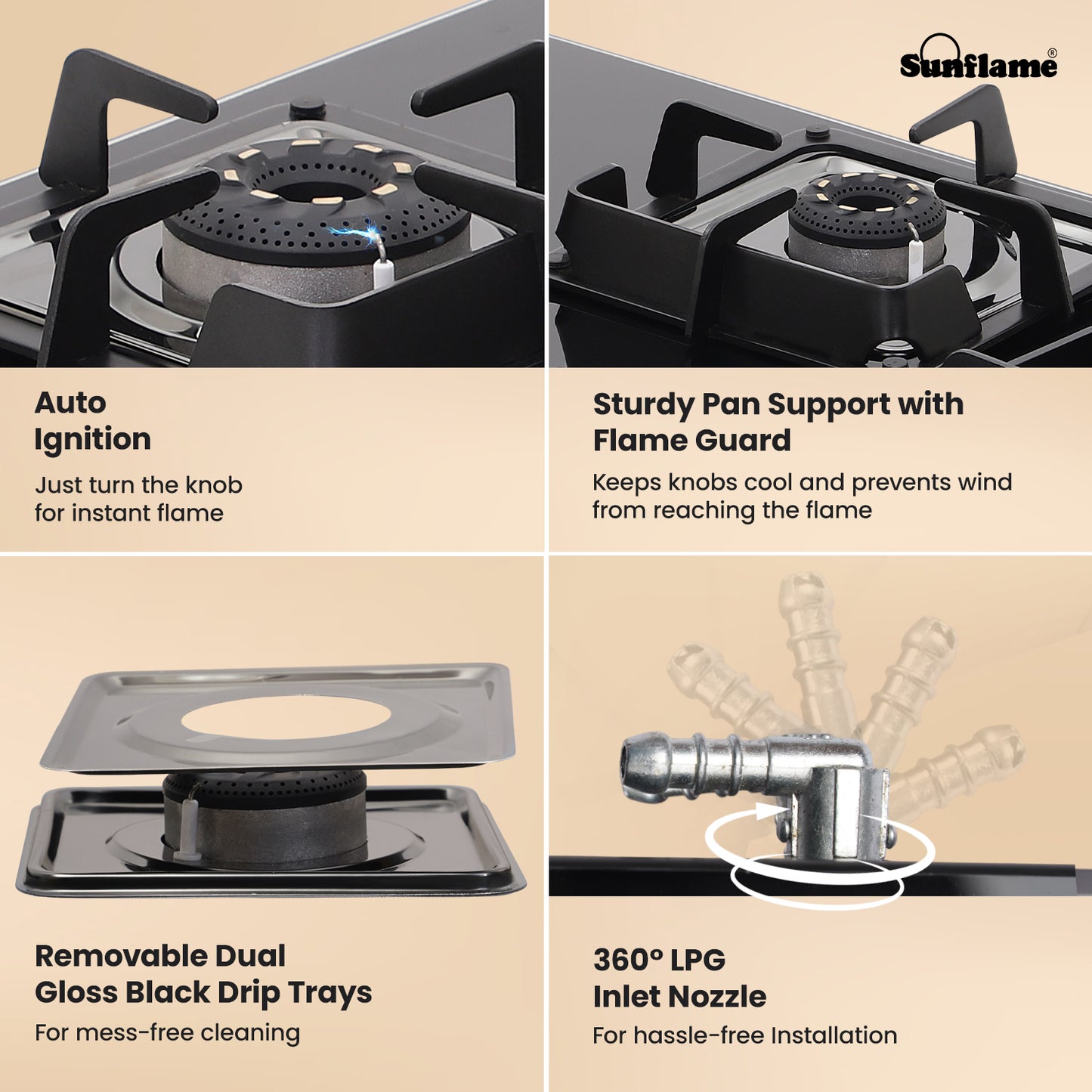 Ultra-Slim Black 4 Burner Countertop Hob 80 cm Wide | Italian SABAF Valve