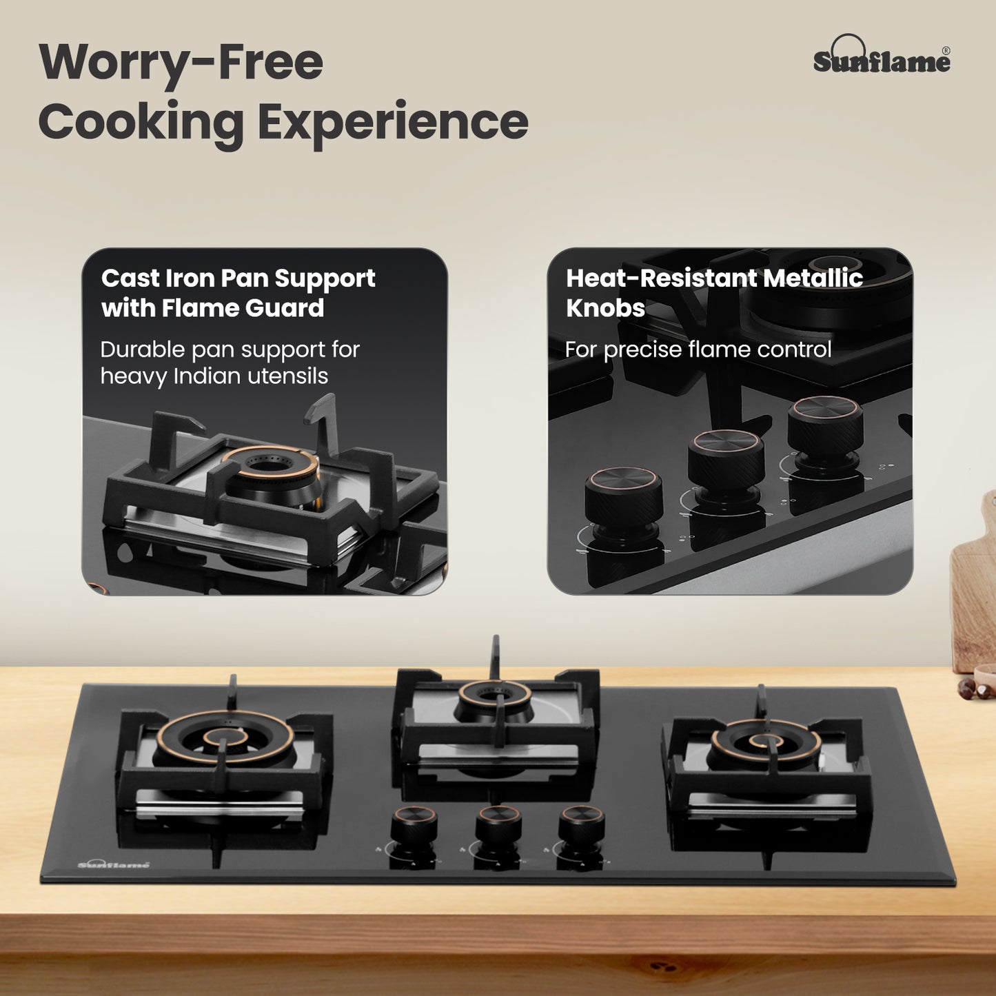 3 Burner Built-In & Countertop Flexi Hob 78 cm Wide | Bevelled Edges