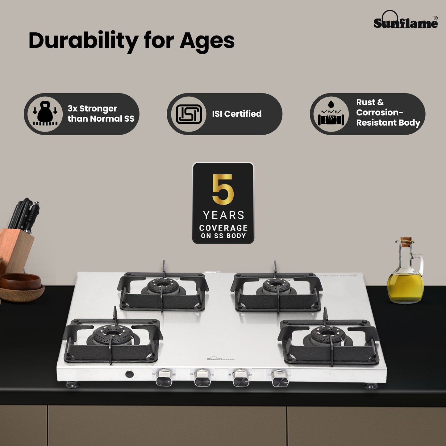 Sunflame 4 Burner Ultra-slim Stainless Steel Gas Stove 72 cm | Forged Brass Burners | 5-Year Warranty on Burners, SS Body & Valve by Sunflame | Auto Ignition | Pan Support with Flame Guard