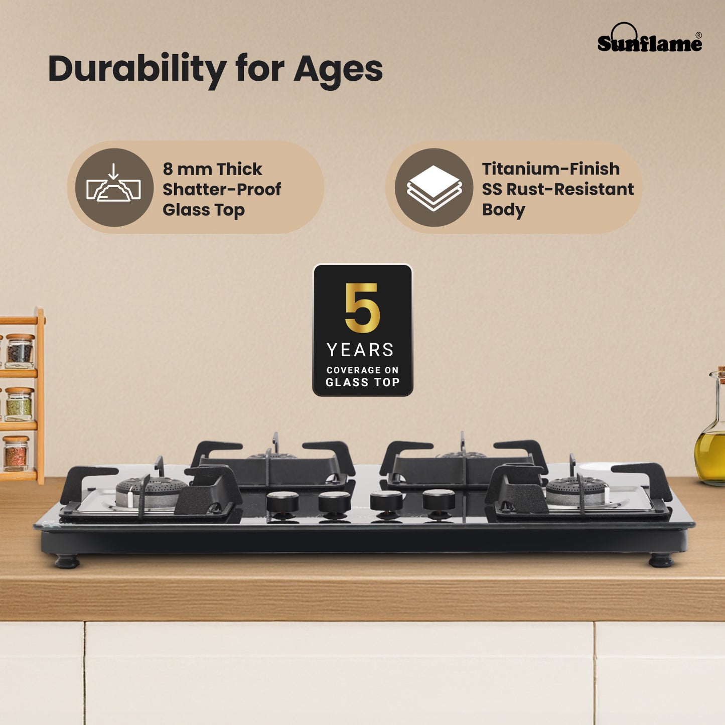 Ultra-Slim Black 4 Burner Countertop Hob 80 cm Wide | Italian SABAF Valve