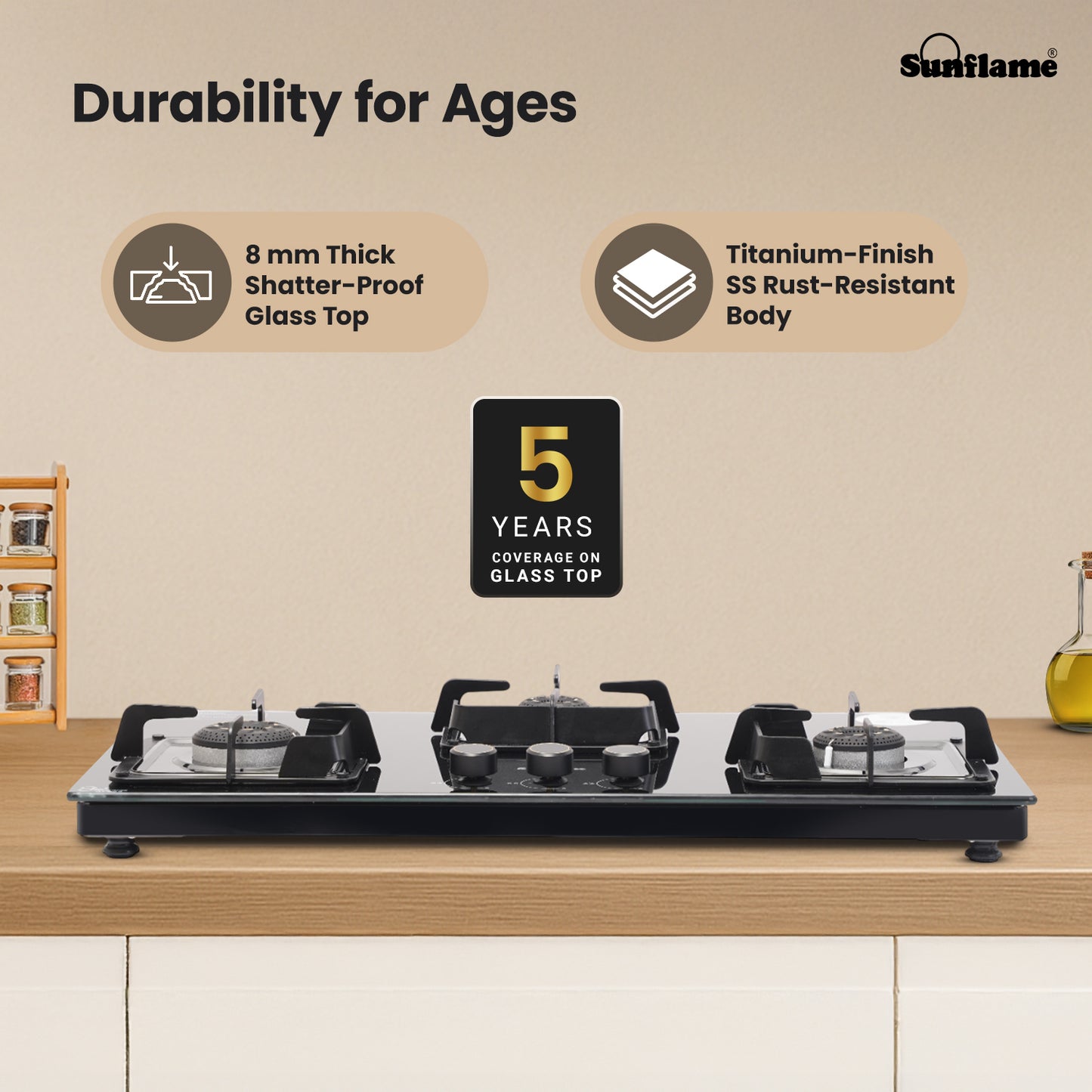 Ultra-Slim Black 3 Burner Countertop Hob 80 cm Wide | Italian SABAF Valve