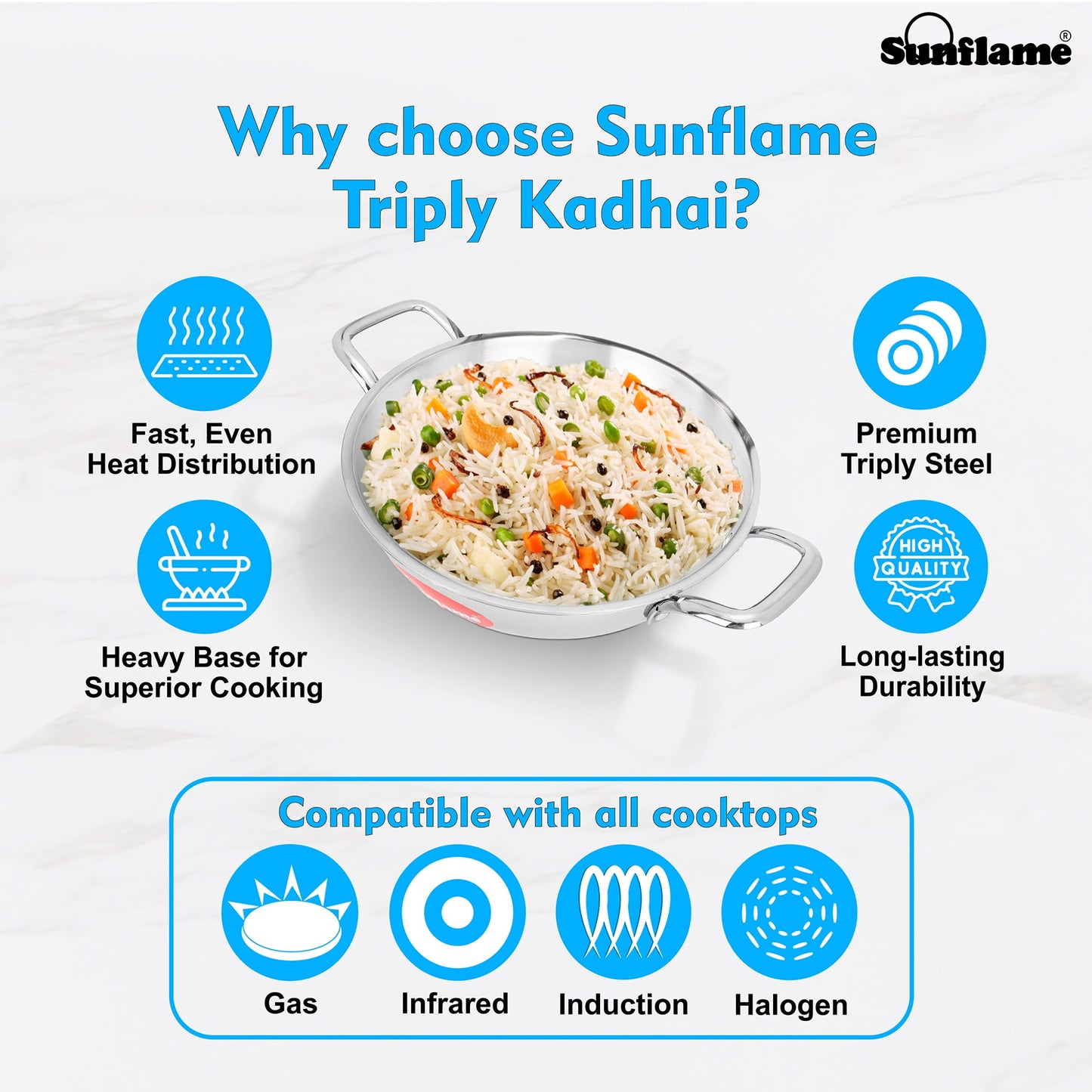 Triply Kadhai with Stainless Steel Lid | 26 cm Diameter | Induction and Gas Stove Compatible