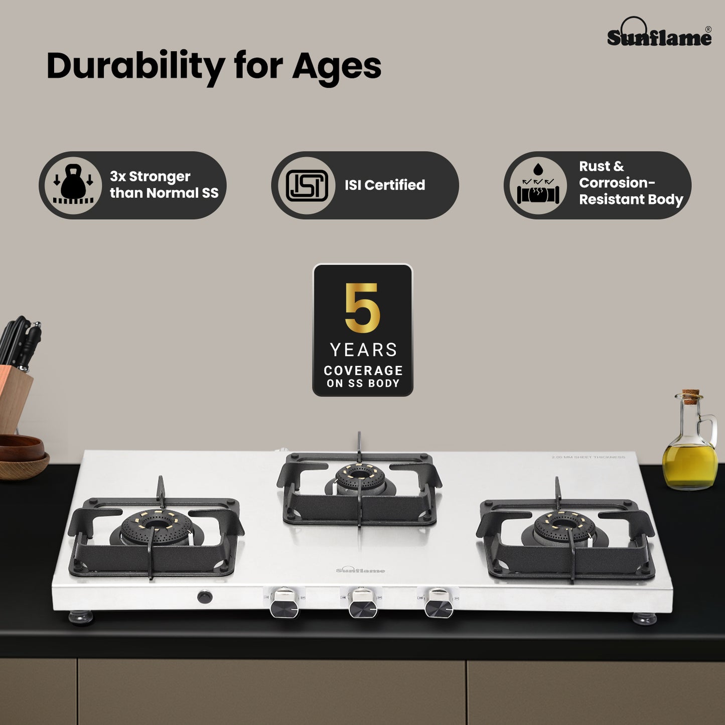 Sunflame 3 Burner Ultra-slim Stainless Steel Gas Stove 77 cm | Forged Brass Burners | 5-Year Warranty on Burners, SS Body & Valve by Sunflame | Auto Ignition | Pan Support with Flame Guard