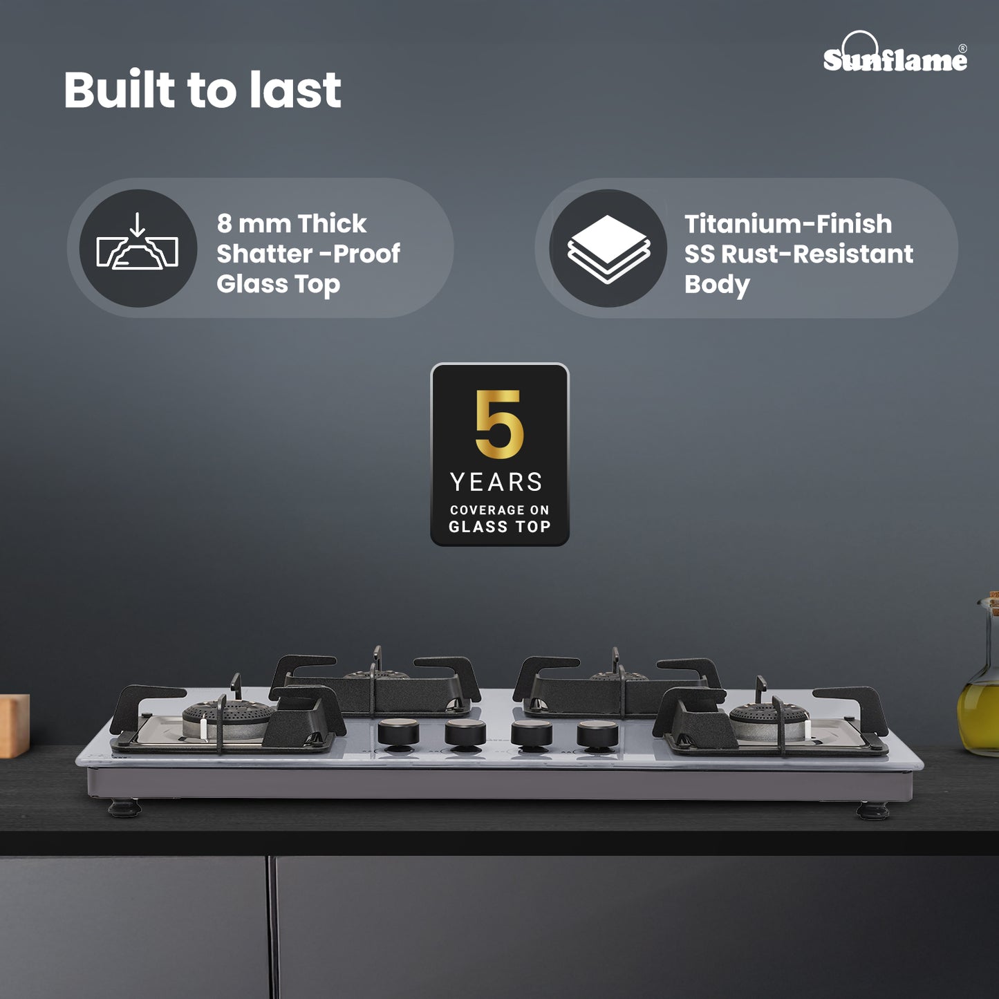 Ultra-Slim Grey 4 Burner Countertop Hob 80 cm Wide | Italian SABAF Valve