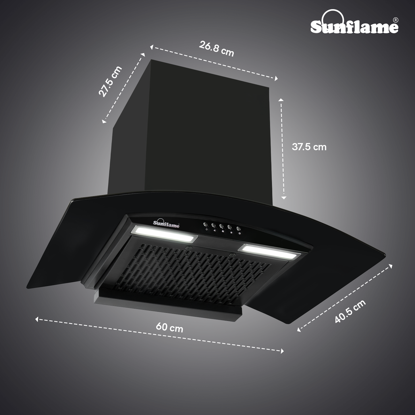 Sunflame Naples 60 cm Filterless Chimney | 1100 m³/h High Suction Capacity | 2-Year Product and 8-Year Motor Coverage by Sunflame | Push Button Control | 3-Speed Exhaust Fan | Dual LED Lights