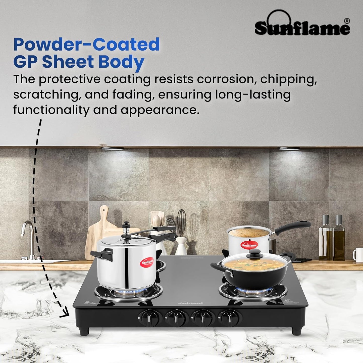 Sunflame Maleo 4 Burner Gas Stove | 2 Medium & 2 Small Brass Burners | 2 Year Product Coverage