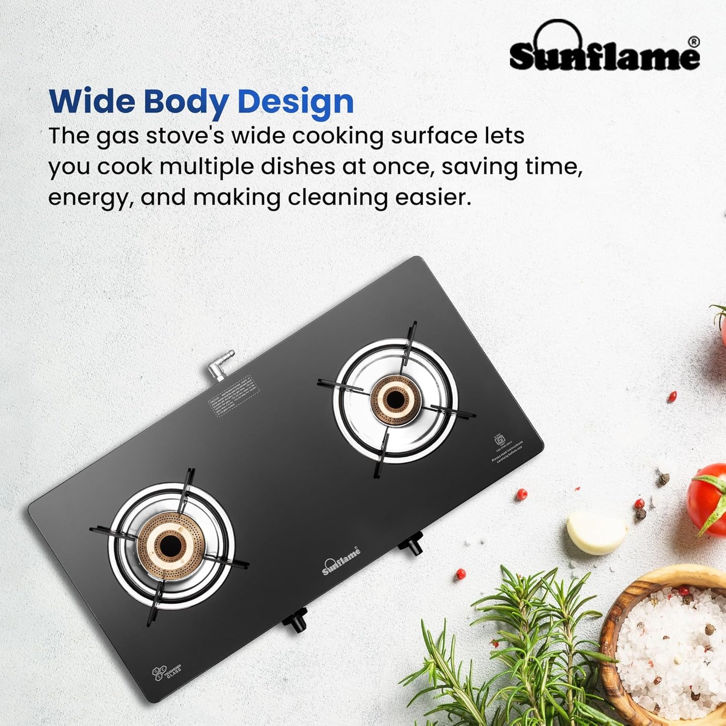 Crystal Nova 2 Burner Gas Stove | 1 Medium and 1 Small Brass Burners |Toughened Glass Top | Black