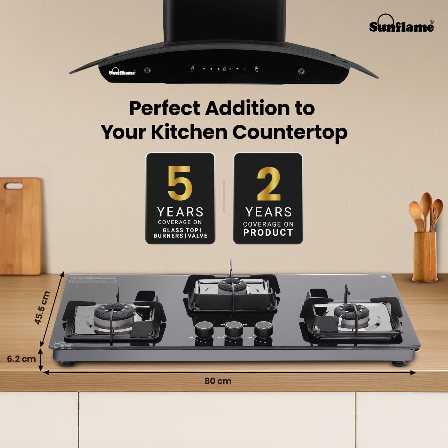 Ultra-Slim Black 3 Burner Countertop Hob 80 cm Wide | Italian SABAF Valve