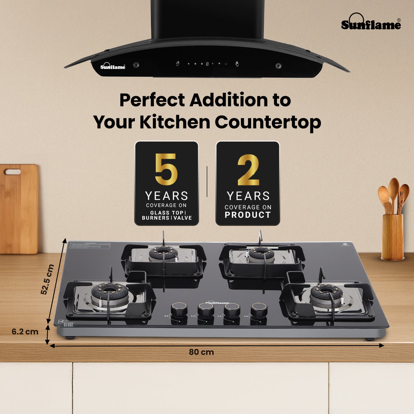 Ultra-Slim Black 4 Burner Countertop Hob 80 cm Wide | Italian SABAF Valve