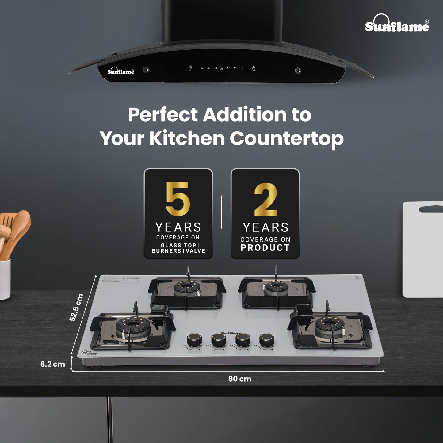 Ultra-Slim Grey 4 Burner Countertop Hob 80 cm Wide | Italian SABAF Valve