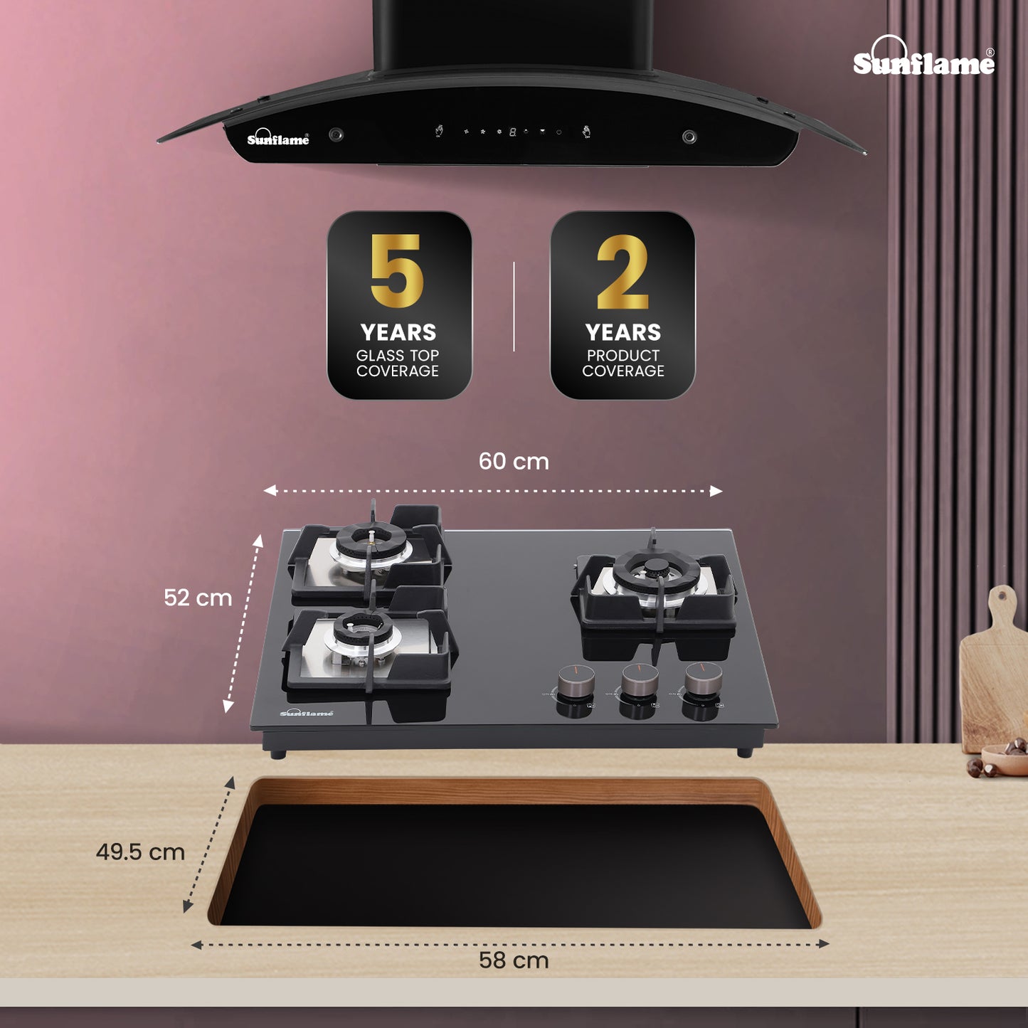 3 Burner Built-In & Countertop Flexi Hob 60 cm Wide | Flame Failure Device