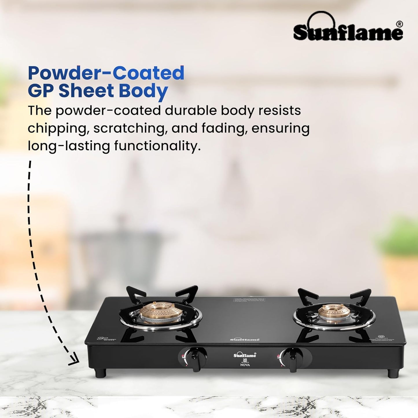 Crystal Nova 2 Burner Gas Stove | 1 Medium and 1 Small Brass Burners |Toughened Glass Top | Black