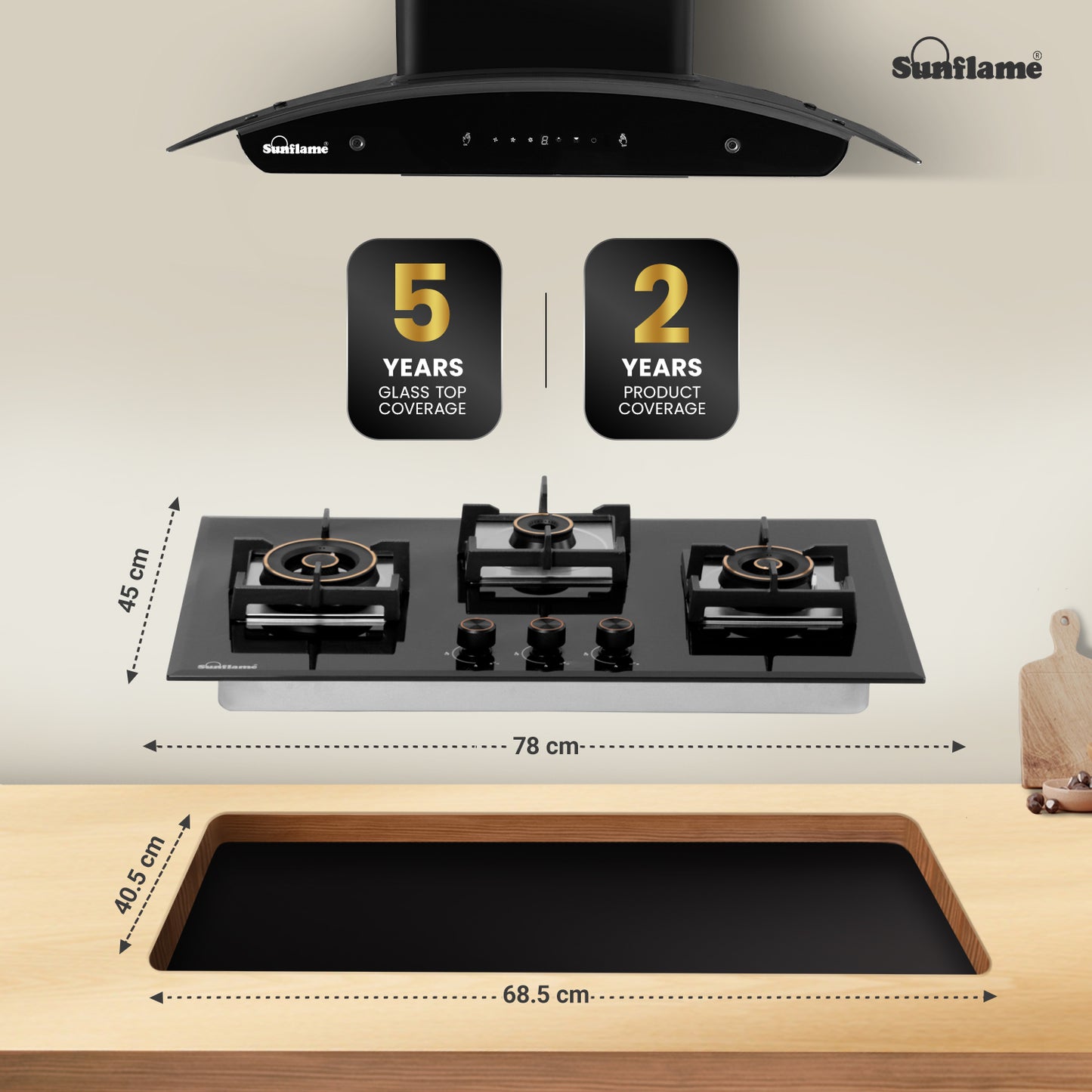 3 Burner Built-In & Countertop Flexi Hob 78 cm Wide | Bevelled Edges