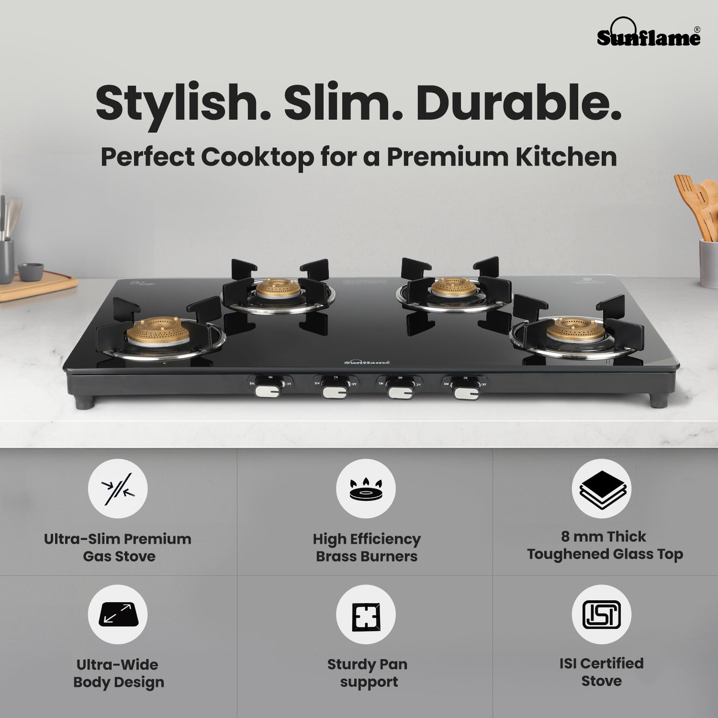 Zenial 4 Burner Slim Glass Top Gas Stove | 80 cm Wide | Toughened Glass Top