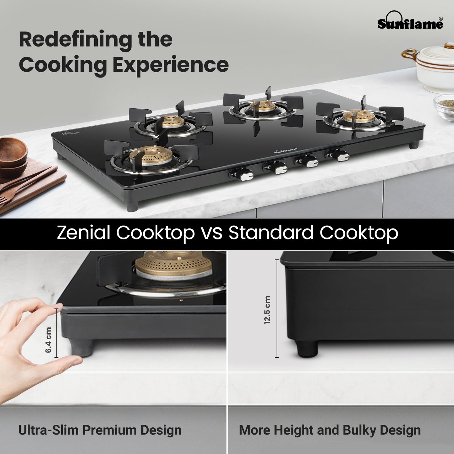 Zenial 4 Burner Slim Glass Top Gas Stove | 80 cm Wide | Toughened Glass Top