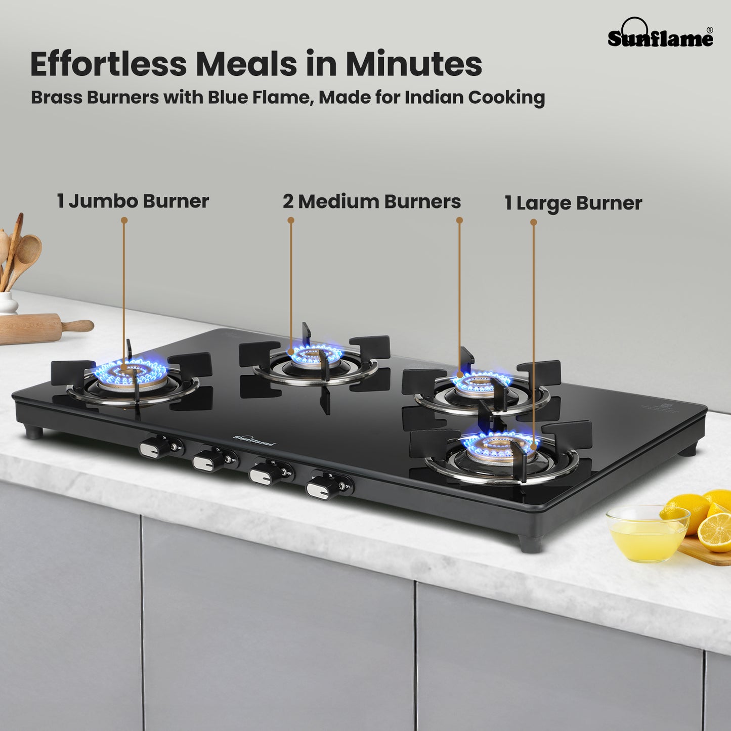 Zenial 4 Burner Slim Glass Top Gas Stove | 80 cm Wide | Toughened Glass Top