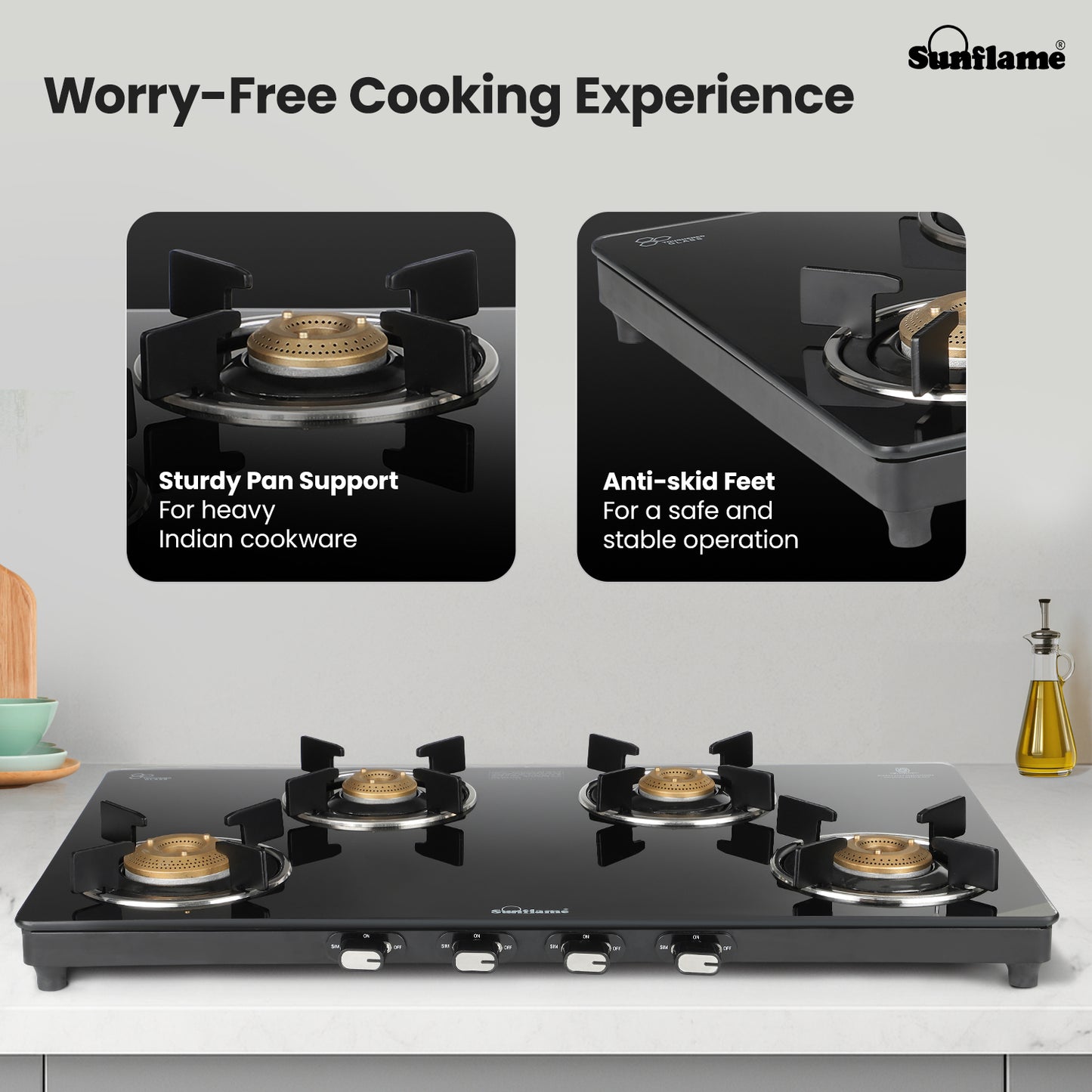 Zenial 4 Burner Slim Glass Top Gas Stove | 80 cm Wide | Toughened Glass Top