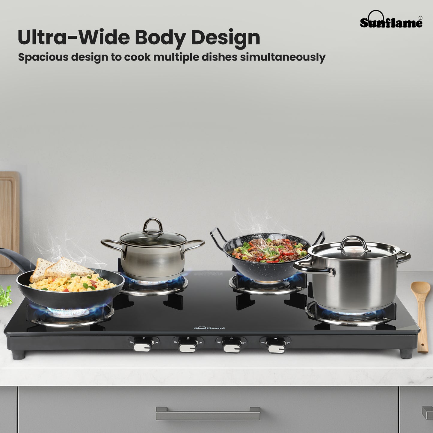 Zenial 4 Burner Slim Glass Top Gas Stove | 80 cm Wide | Toughened Glass Top