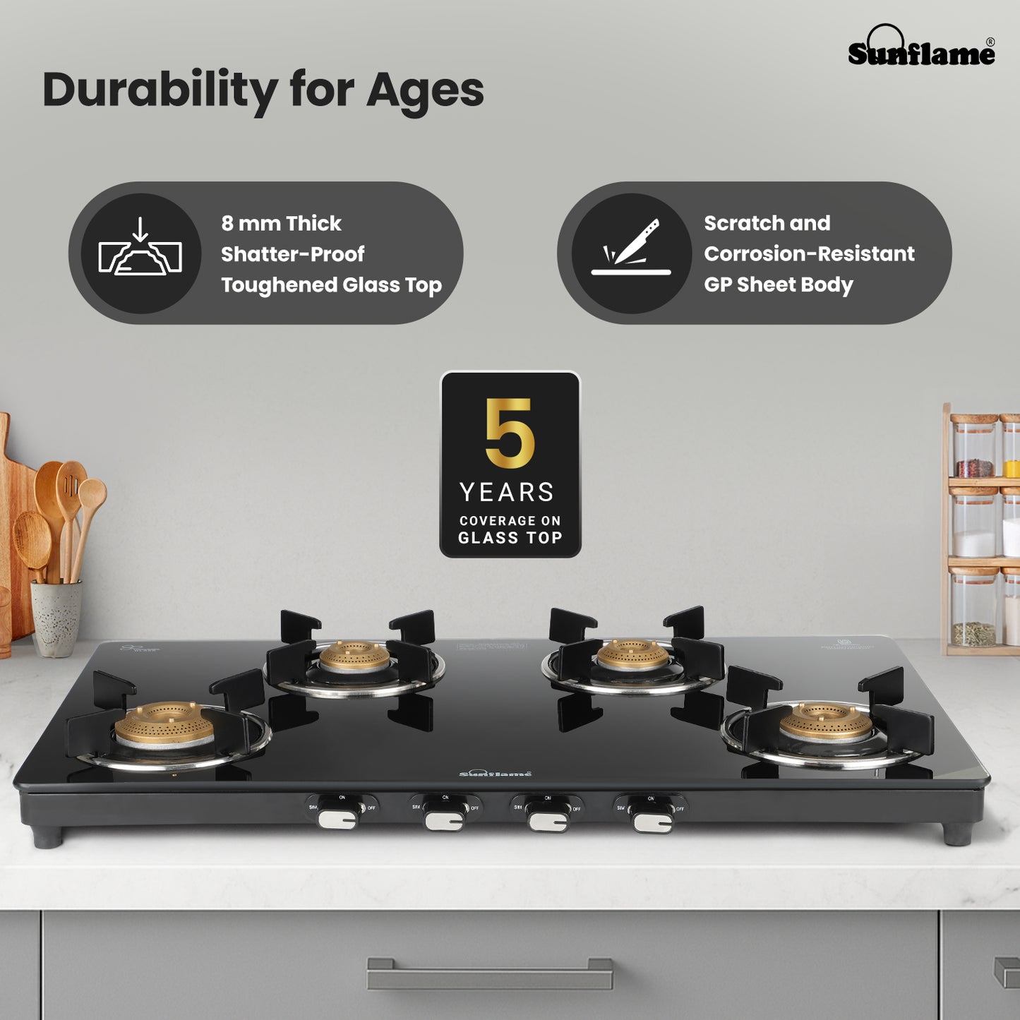 Zenial 4 Burner Slim Glass Top Gas Stove | 80 cm Wide | Toughened Glass Top