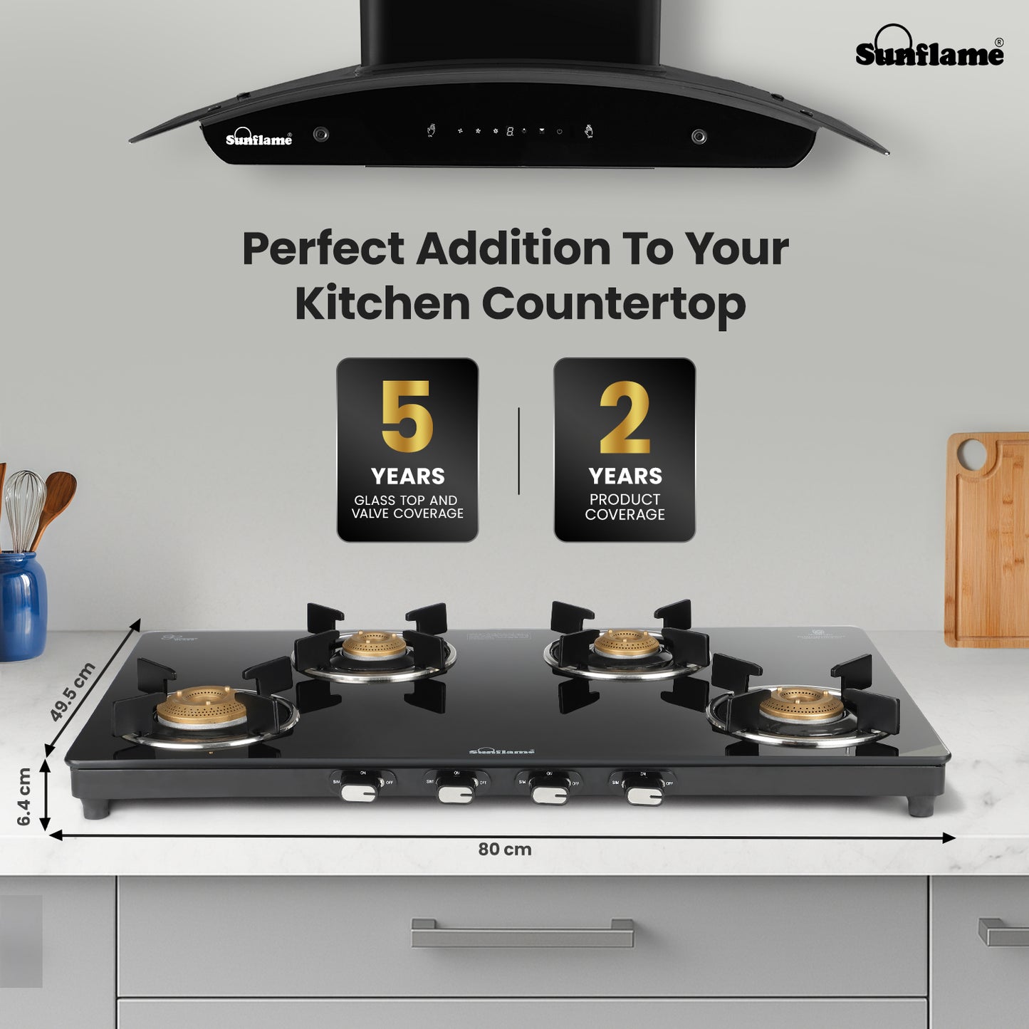 Zenial 4 Burner Slim Glass Top Gas Stove | 80 cm Wide | Toughened Glass Top