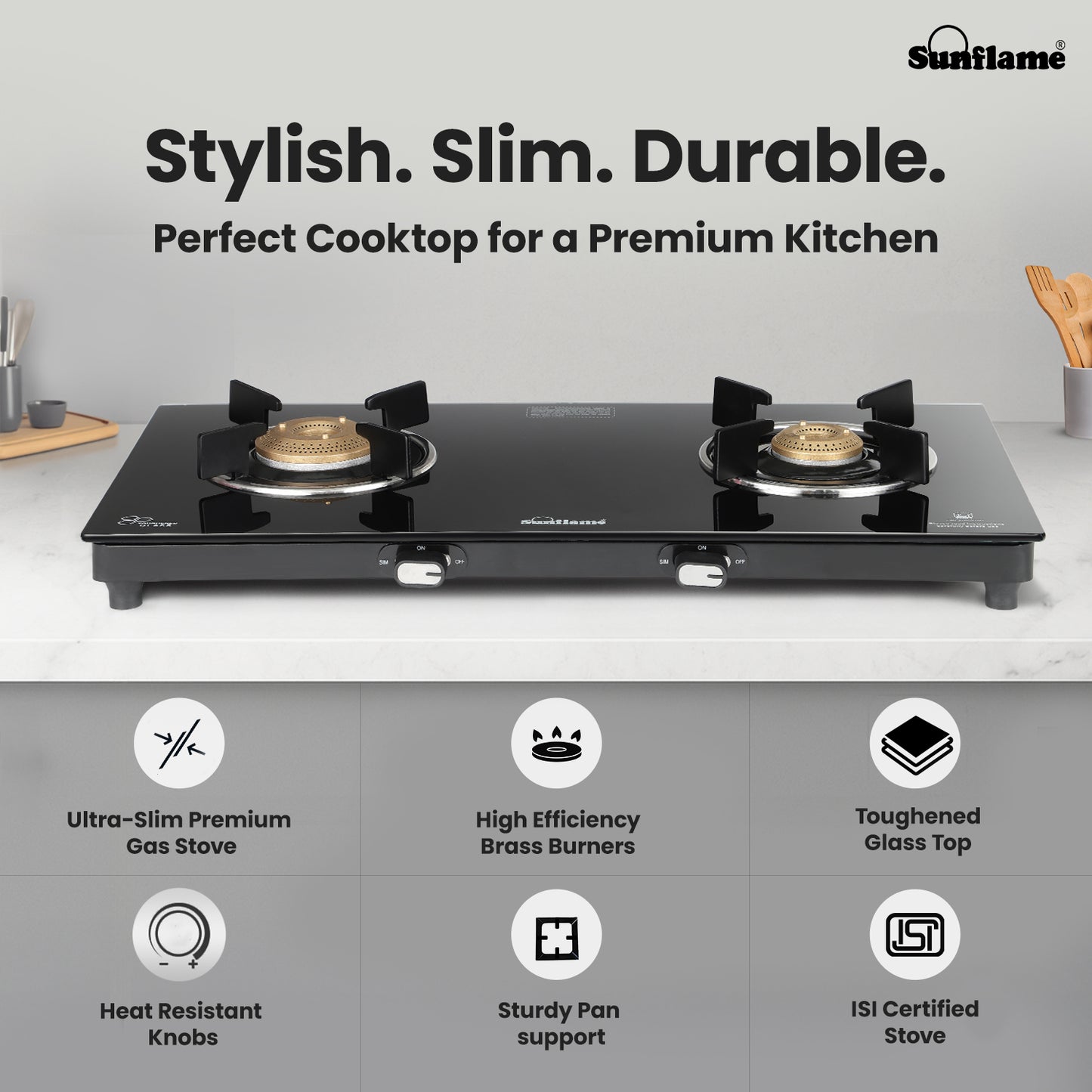 Zenial 2 Burner Slim Glass Top Gas Stove |80 cm Wide | Toughened Glass Top
