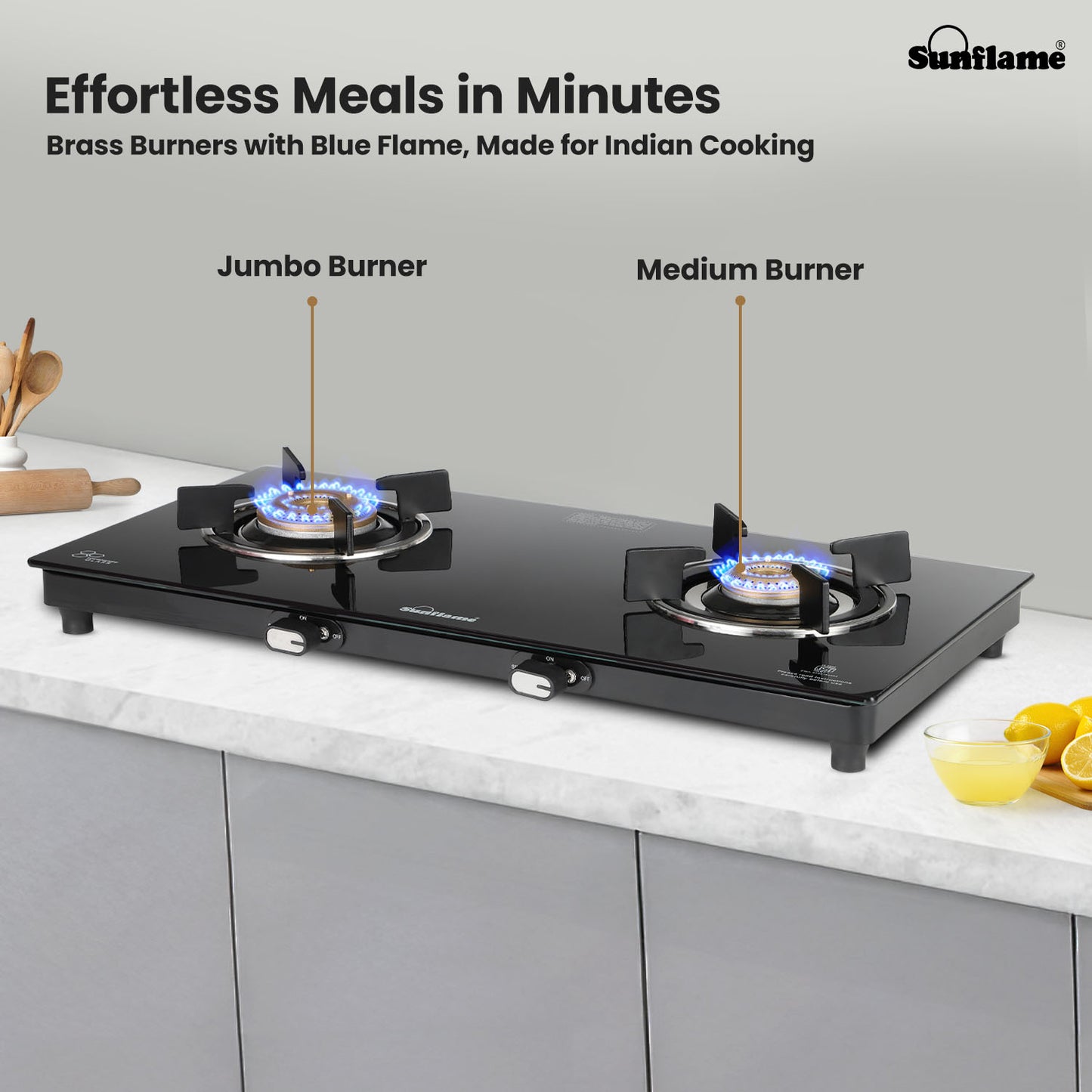Zenial 2 Burner Slim Glass Top Gas Stove |80 cm Wide | Toughened Glass Top