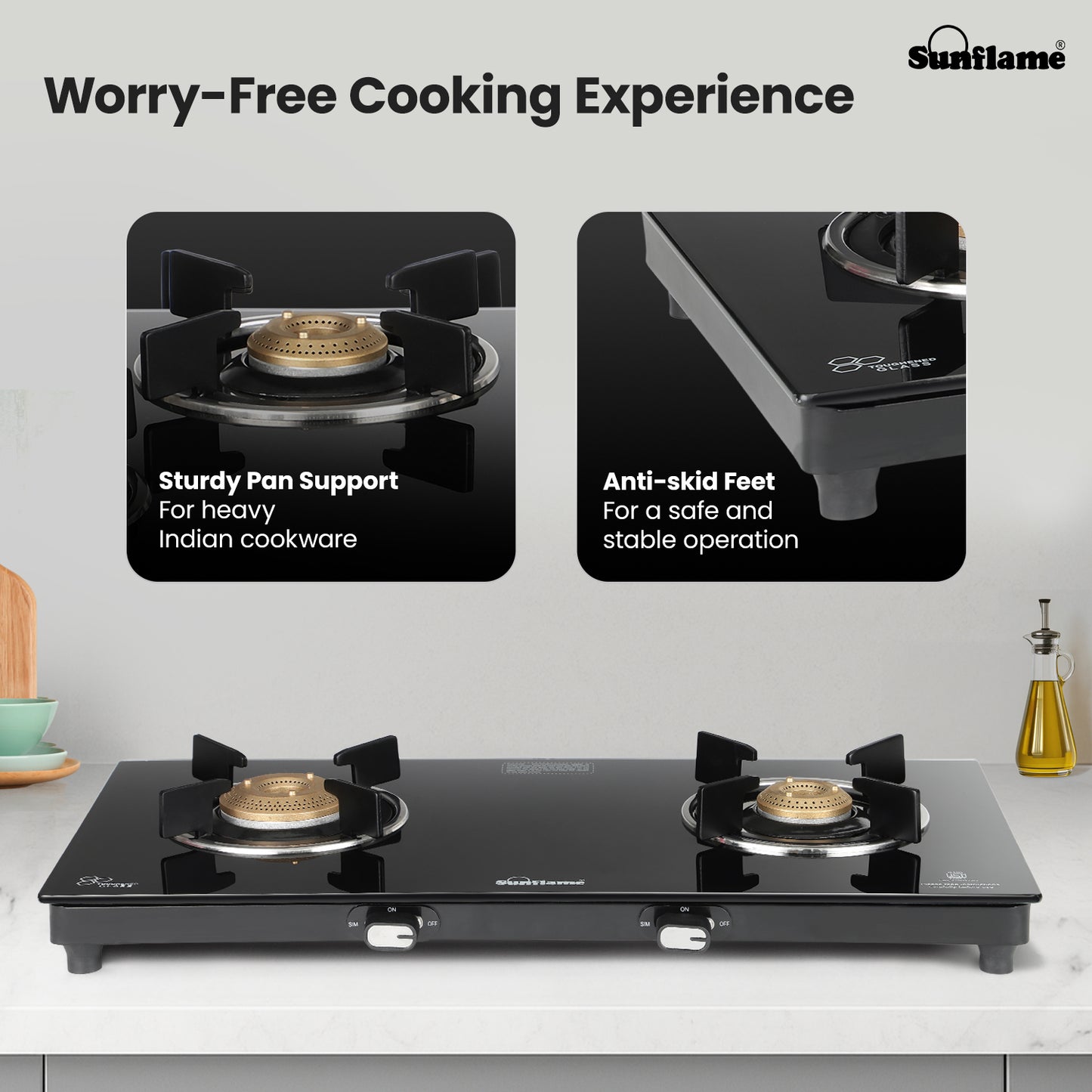 Zenial 2 Burner Slim Glass Top Gas Stove |80 cm Wide | Toughened Glass Top