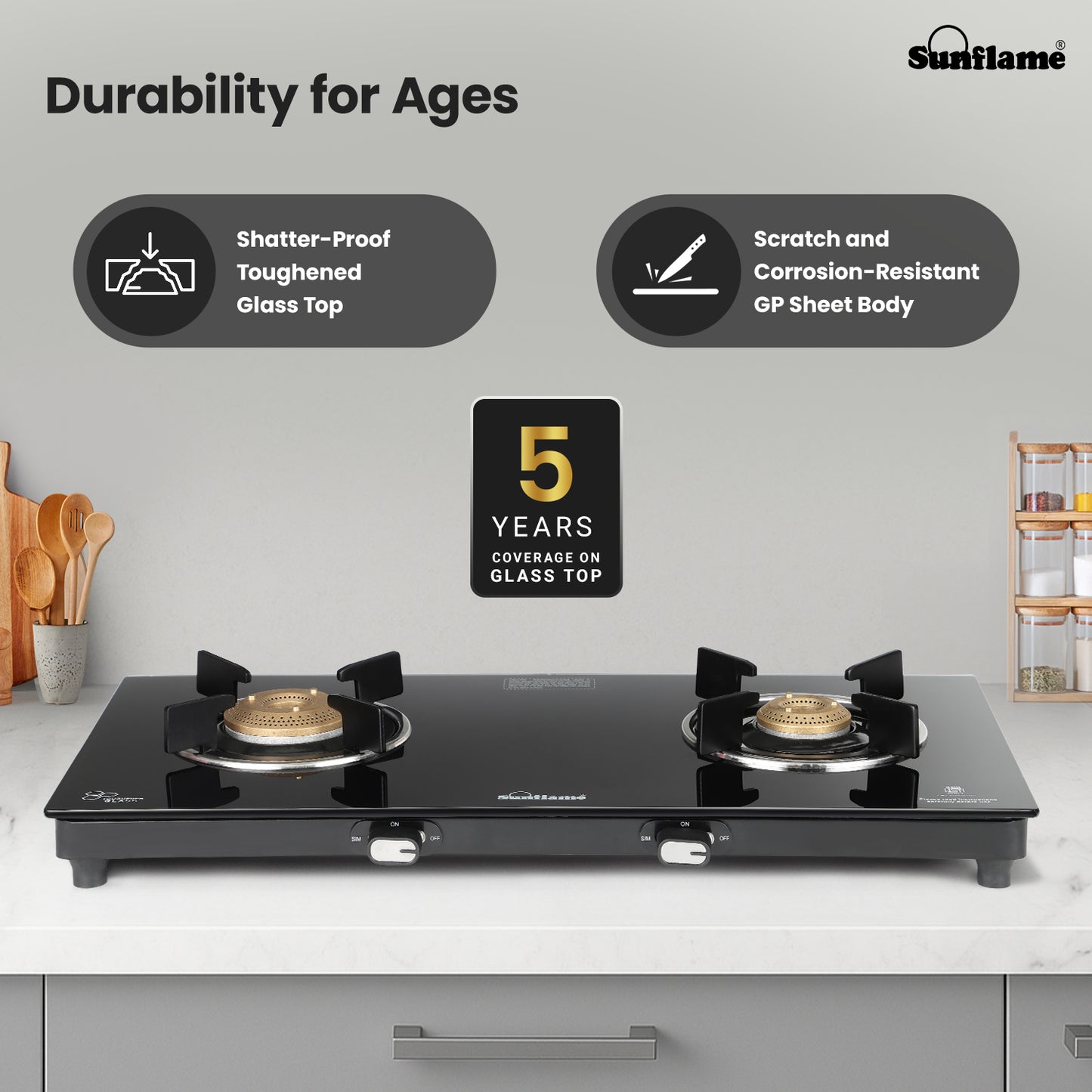 Zenial 2 Burner Slim Glass Top Gas Stove |80 cm Wide | Toughened Glass Top
