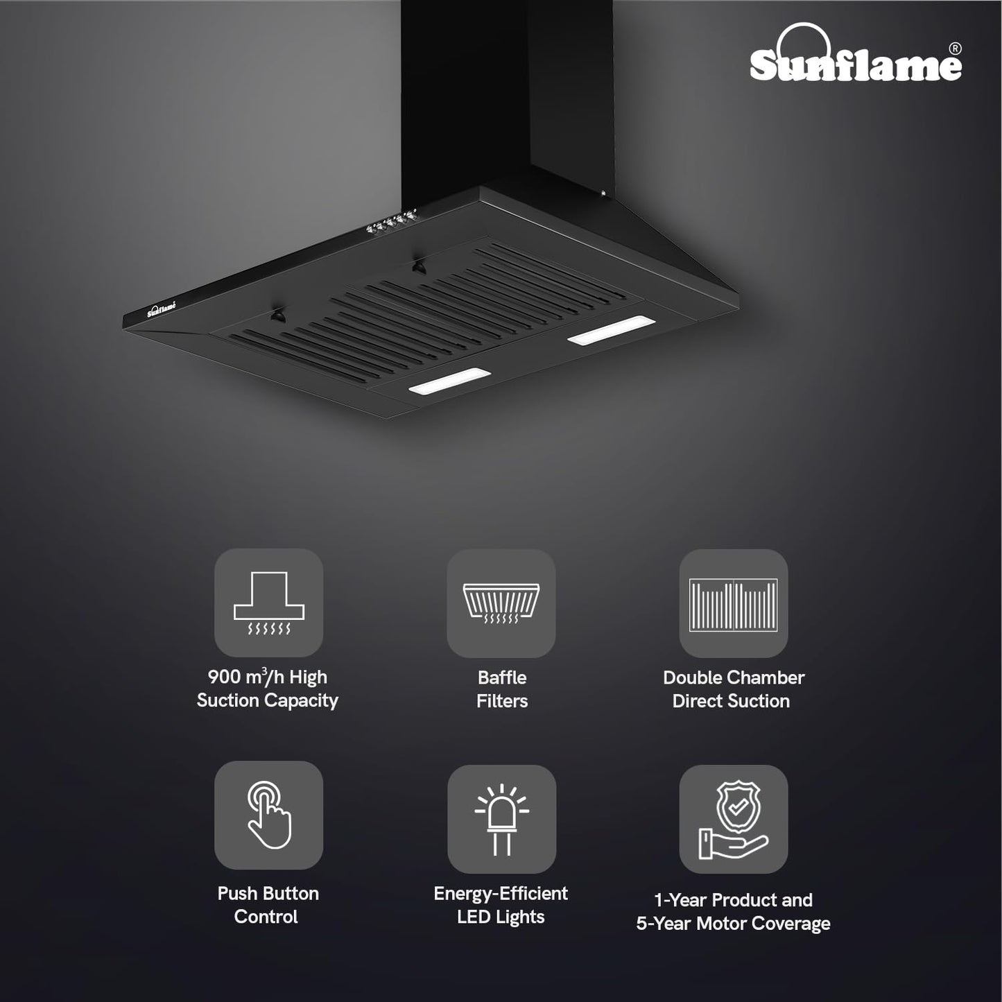 Maleo 60 BF Chimney | 60 cm | 900 m³/h Suction Capacity | Baffle Filters | Push Button Control