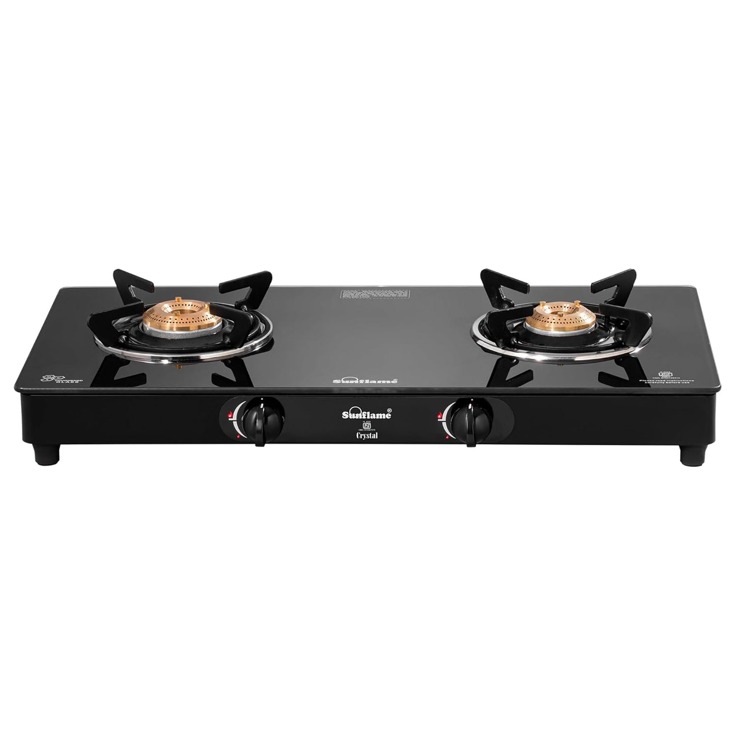 Crystal Nova 2 Burner Gas Stove | 1 Medium and 1 Small Brass Burners |Toughened Glass Top | Black