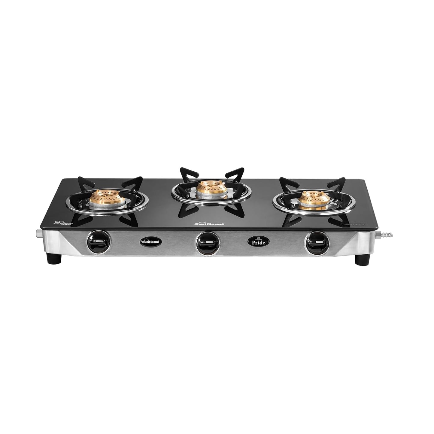 Pride 3 Burner Gas Stove | 1 Medium and 2 Small Brass Burners |Toughened Glass Top |Steel