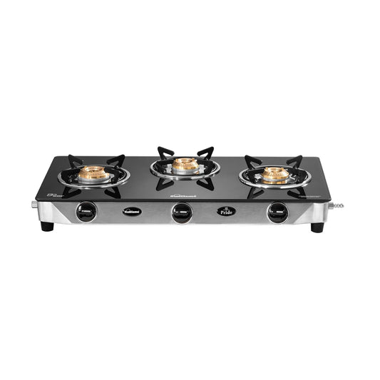 Pride 3 Burner Gas Stove | 1 Medium and 2 Small Brass Burners |Toughened Glass Top |Steel