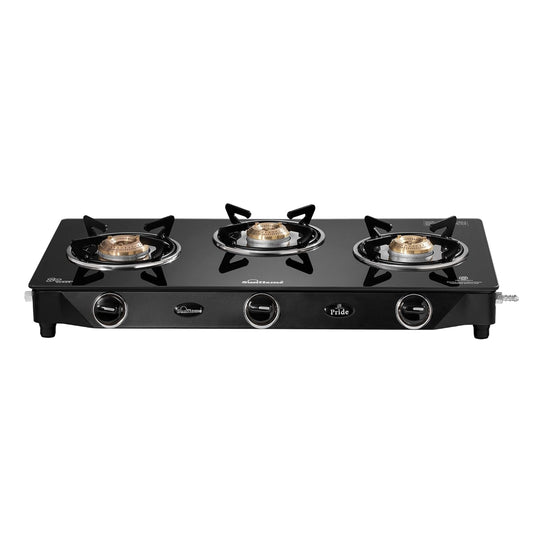 Pride 3 Burner Gas Stove | 1 Medium and 2 Small Brass Burners |Toughened Glass Top |Black