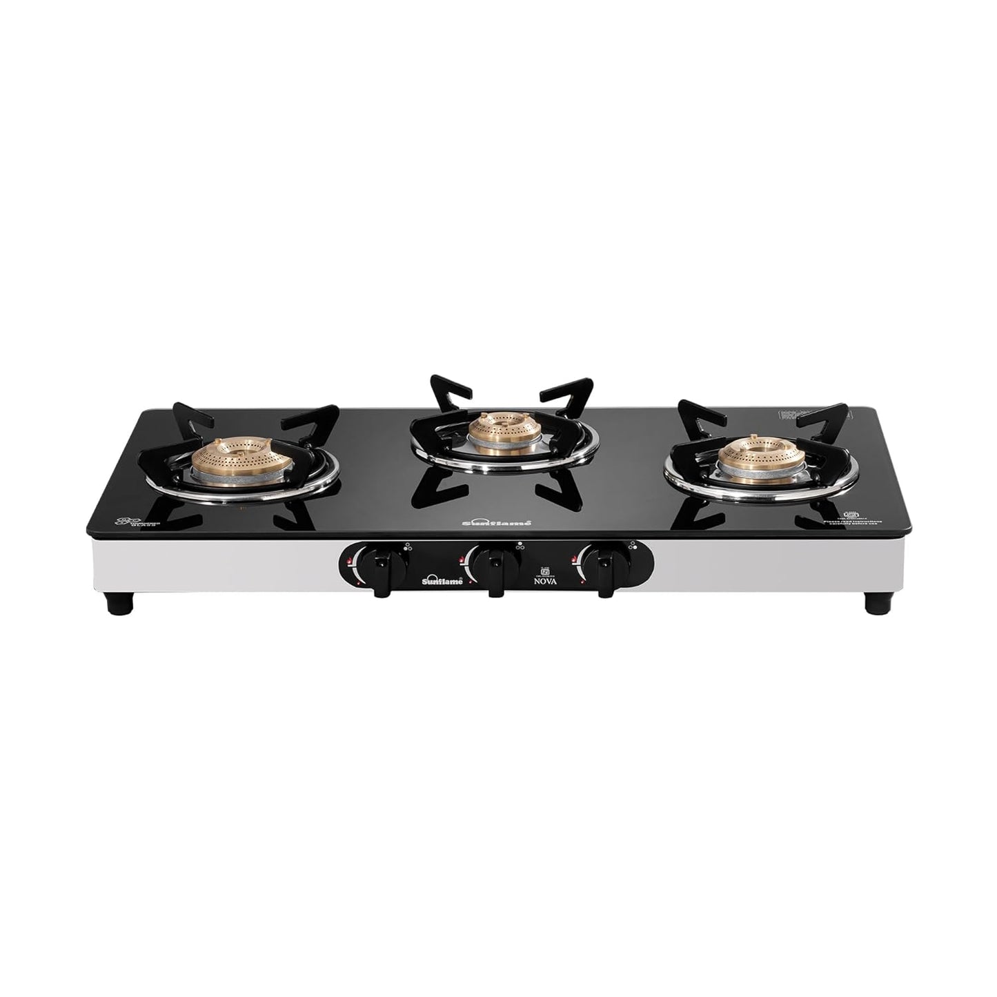 Crystal Nova 3 Burner Gas Stove | 1 Medium and 2 Small Brass Burners |Toughened Glass Top |Steel