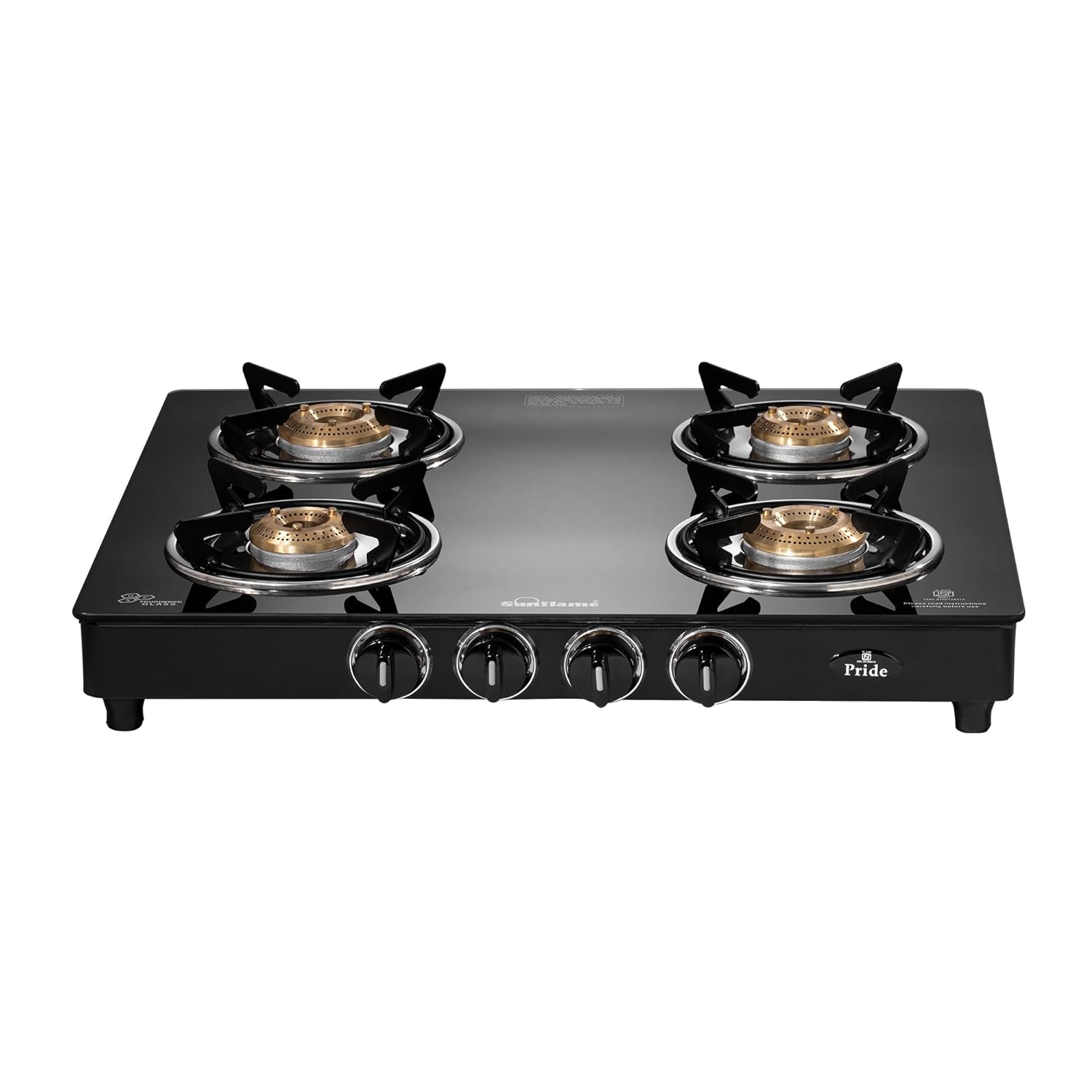 Pride Burner Gas Stove Medium and Small Brass Burners |Toughened Glass Top Black