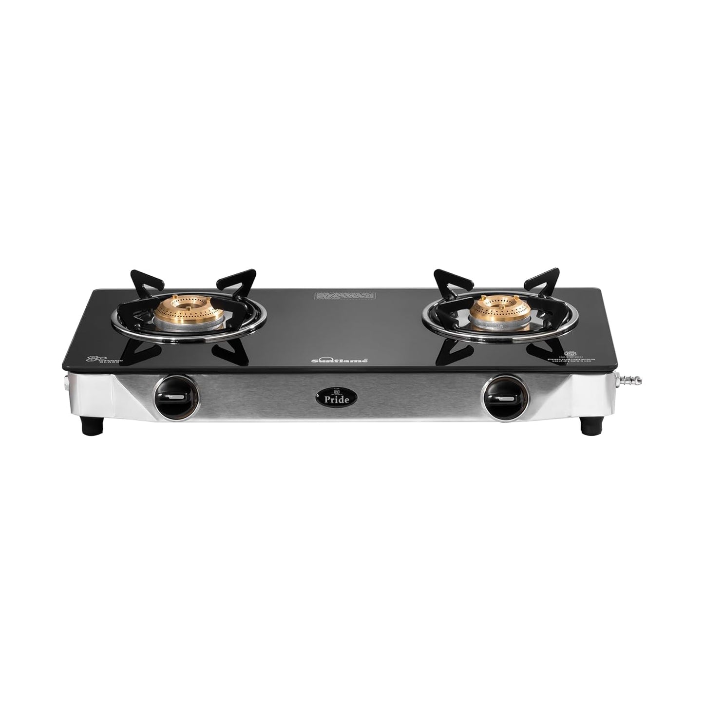 Pride 2 Burner Gas Stove | 1 Medium and 1 Small Brass Burners |Toughened Glass Top | Steel