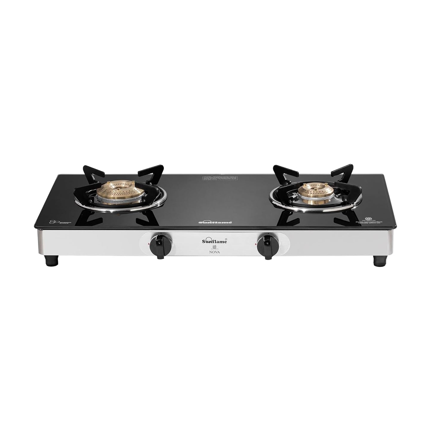 Crystal Nova 2 Burner Gas Stove | 1 Medium and 1 Small Brass Burners |Toughened Glass Top |Steel