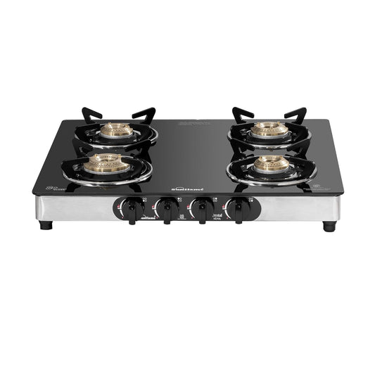 Crystal Nova 4 Burner Gas Stove | 2 Medium and 2 Small Brass Burners |Toughened Glass Top | Steel