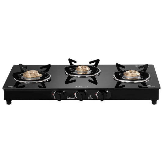 Crystal Nova 3 Burner Gas Stove | 1 Medium and 2 Small Brass Burners |Toughened Glass Top |Black
