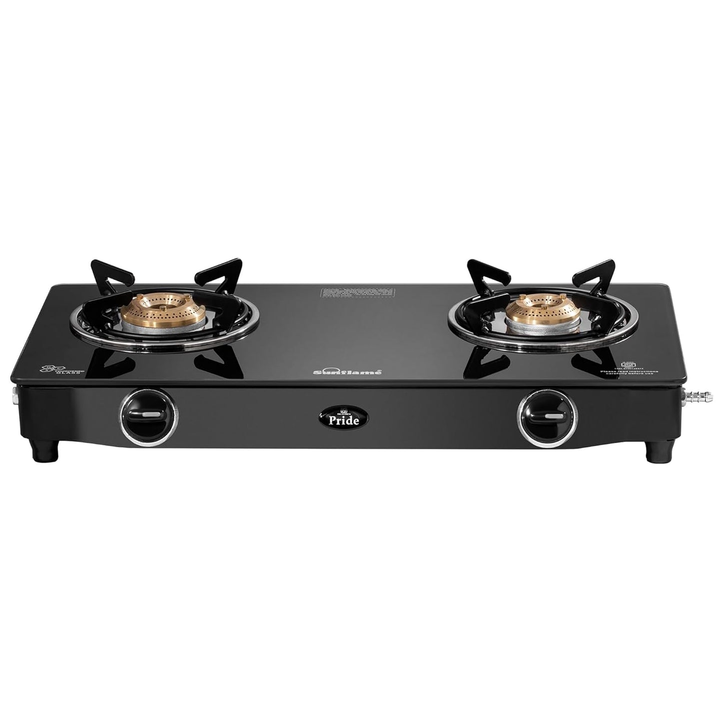 Pride 2 Burner Gas Stove | 1 Medium and 1 Small Brass Burners |Toughened Glass Top | Black