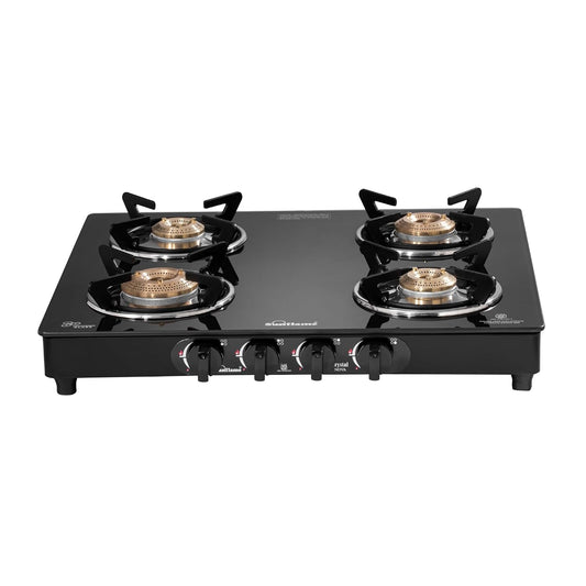 Crystal Nova 4 Burner Gas Stove | 2 Medium and 2 Small Brass Burners |Toughened Glass Top | Black