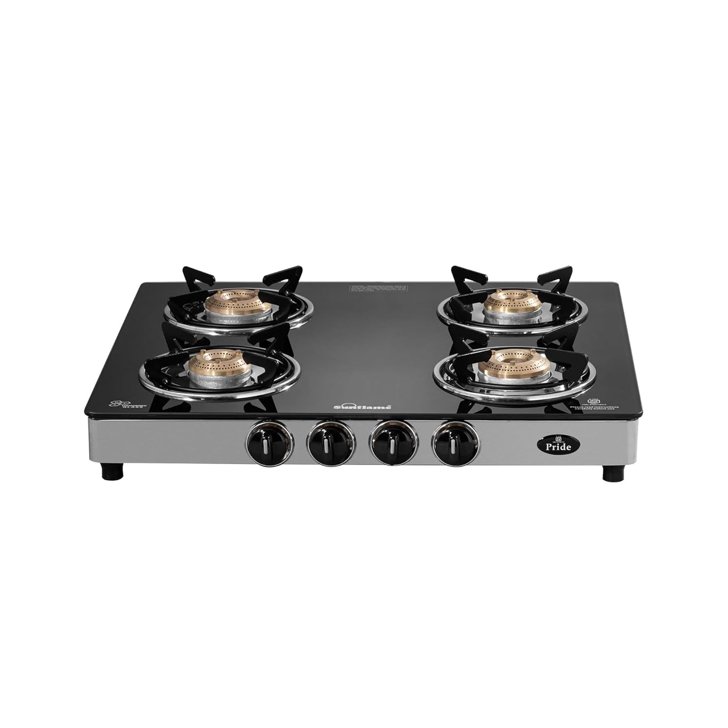 Pride 4 Burner Gas Stove | 2 Medium and 2 Small Brass Burners |Toughened Glass Top | Steel