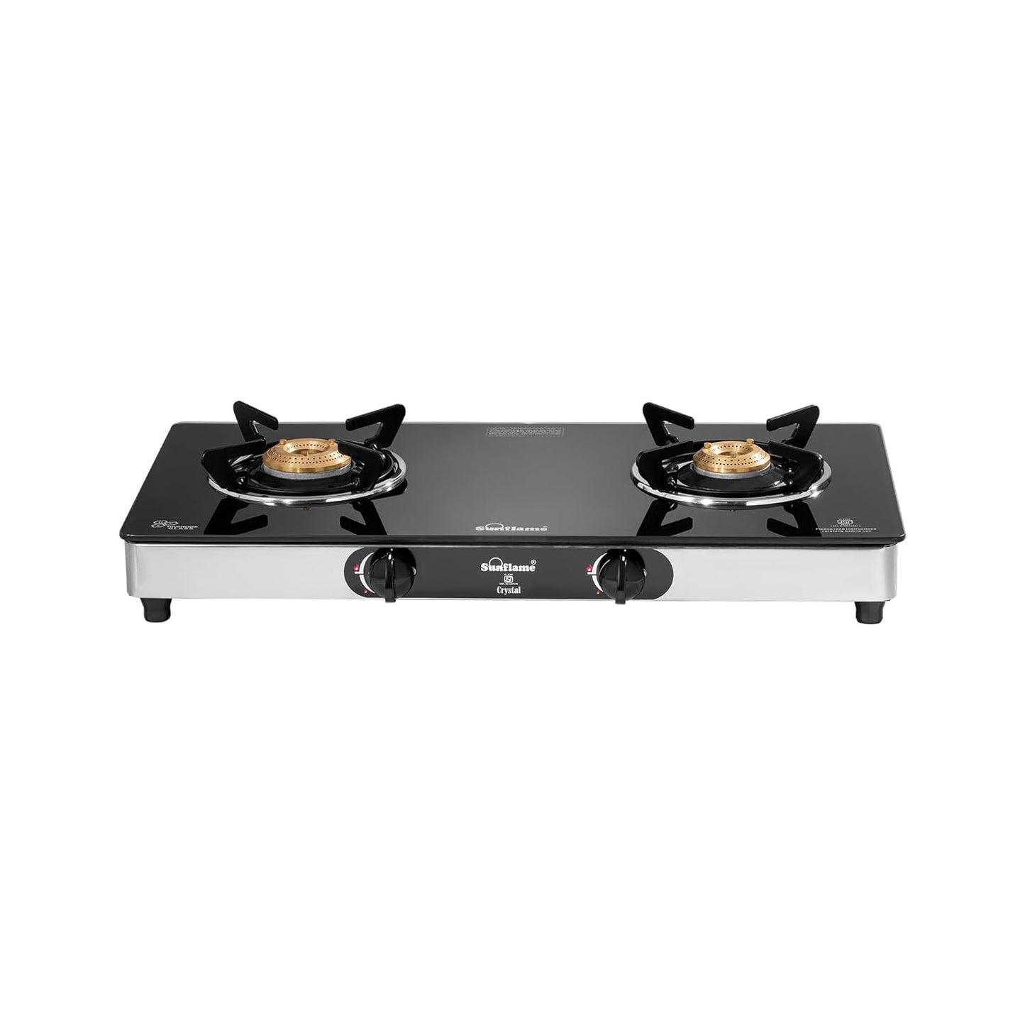 Crystal 2 Burner Gas Stove | 1 Medium and 1 Small Brass Burners |Toughened Glass Top | Steel