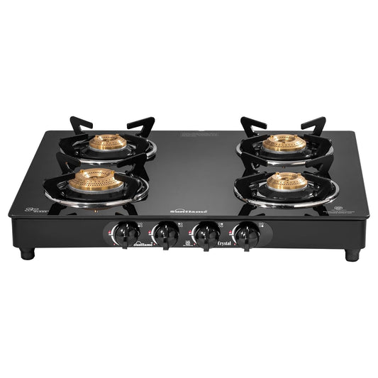 Crystal 4 Burner Gas Stove | 2 Medium and 2 Small Brass Burners |Toughened Glass Top | Black