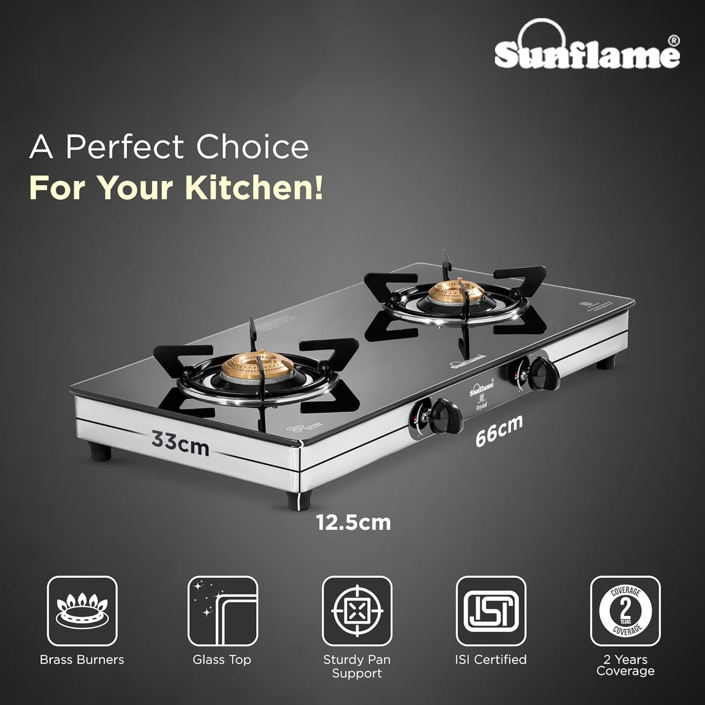 Crystal 2 Burner Gas Stove | 1 Medium and 1 Small Brass Burners |Toughened Glass Top | Steel