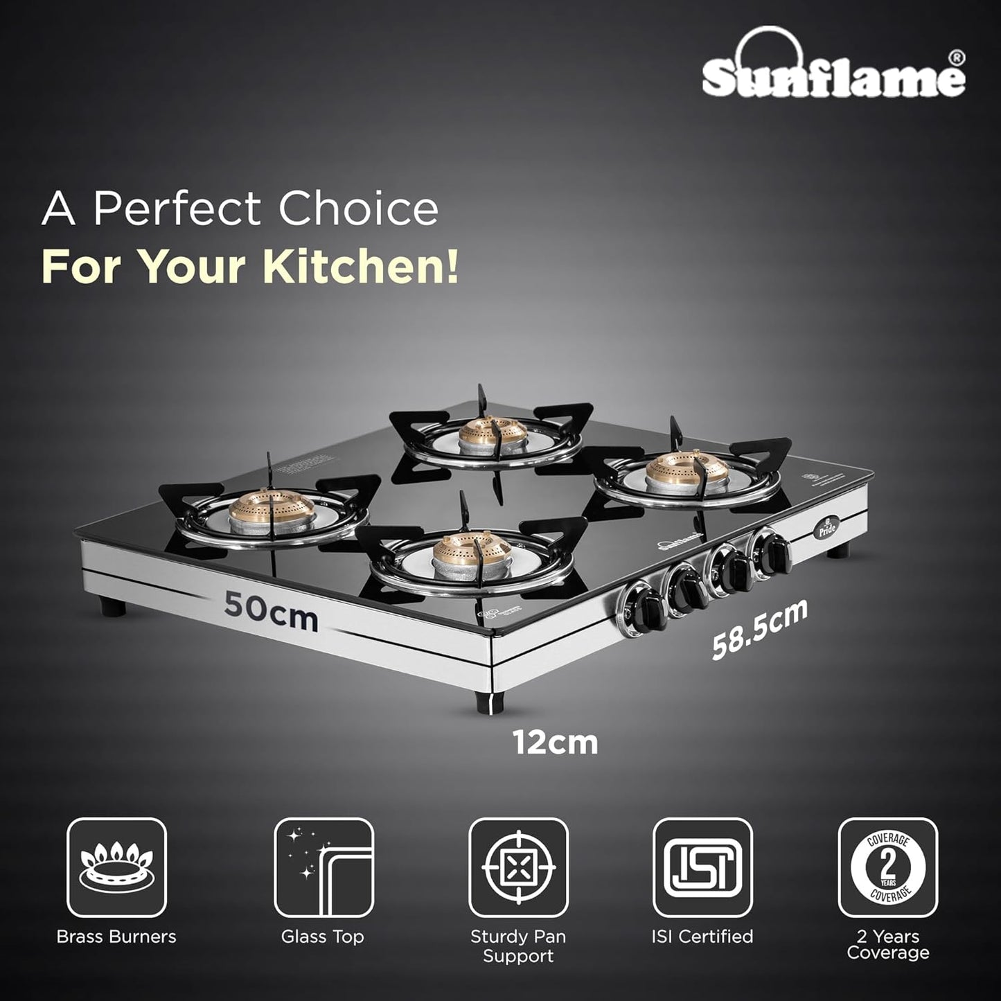 Pride 4 Burner Gas Stove | 2 Medium and 2 Small Brass Burners |Toughened Glass Top | Steel