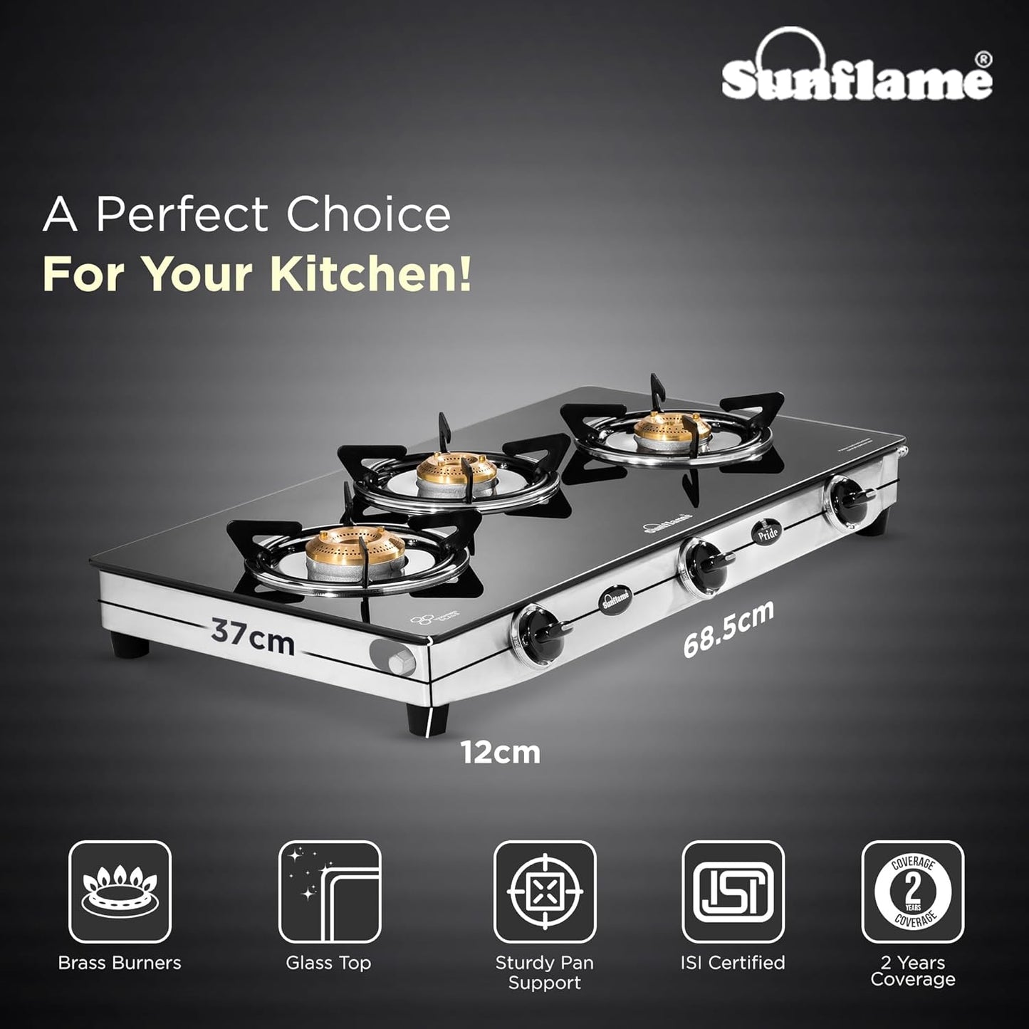 Pride 3 Burner Gas Stove | 1 Medium and 2 Small Brass Burners |Toughened Glass Top |Steel