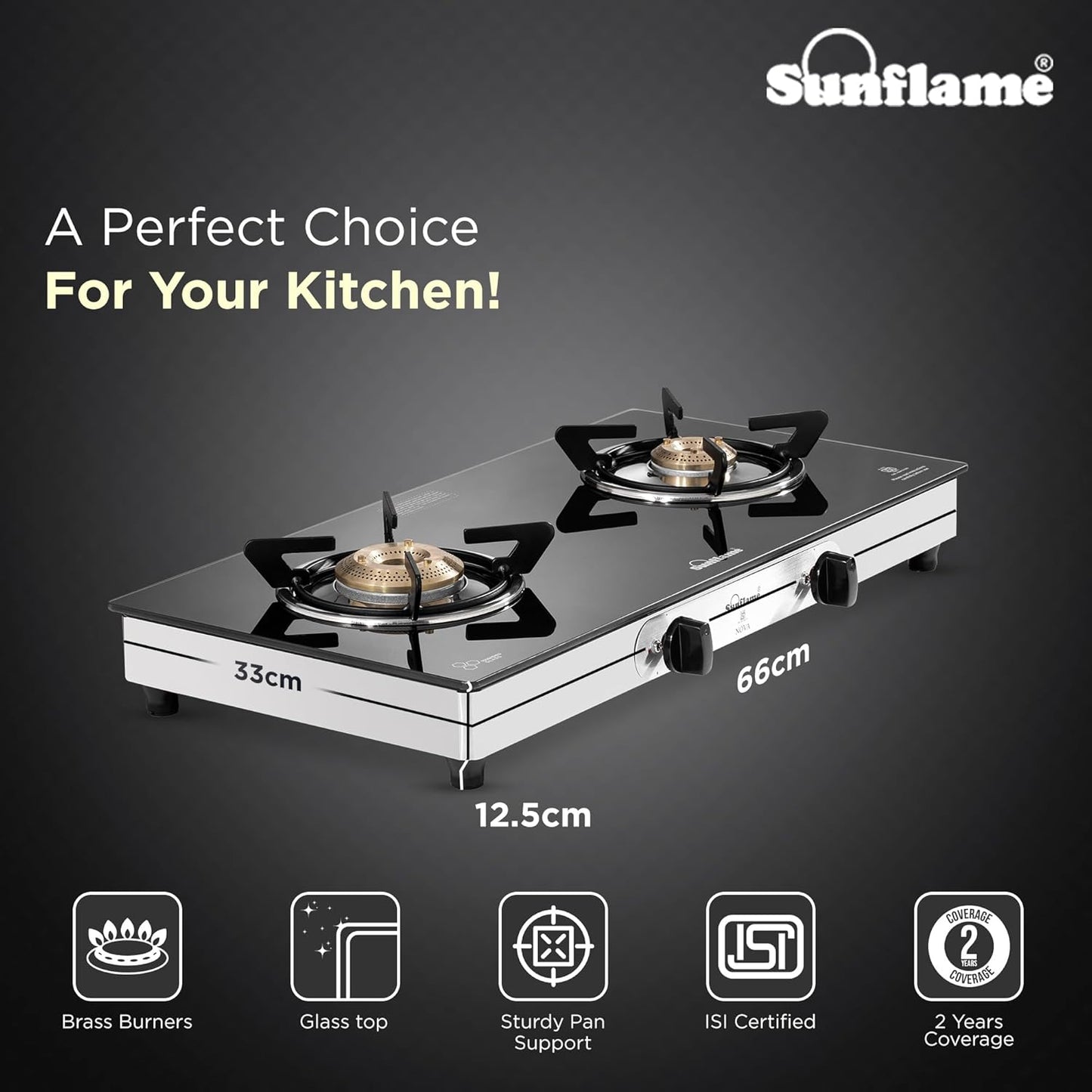 Crystal Nova 2 Burner Gas Stove | 1 Medium and 1 Small Brass Burners |Toughened Glass Top |Steel