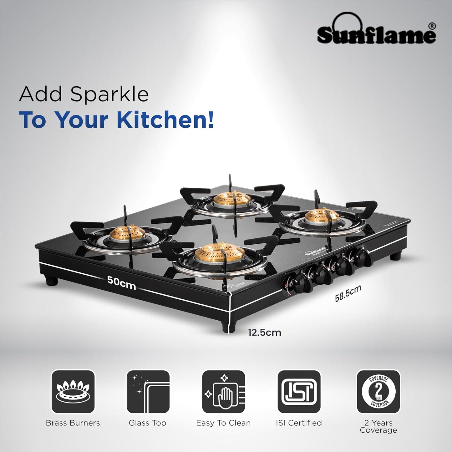 Sunflame Granito 4 Burner Gas Stove | 1 Jumbo, 1 Medium and 2 Small Brass Burners | 2 Years Product Coverage by Sunflame | Granite Finish Glass Top | Easy to Maintain | PAN India Presence| Black